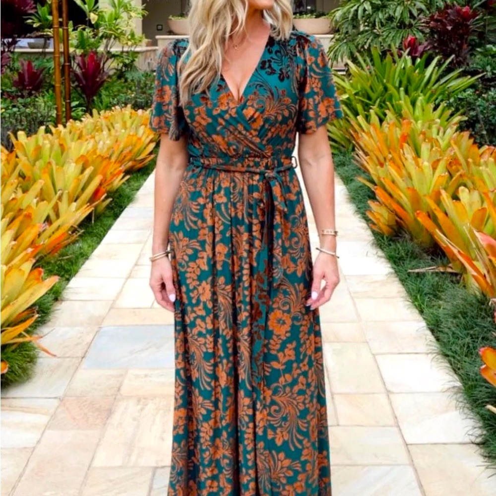 Baltic Born Green and Blue Flutter Sleeve Maxi Dress